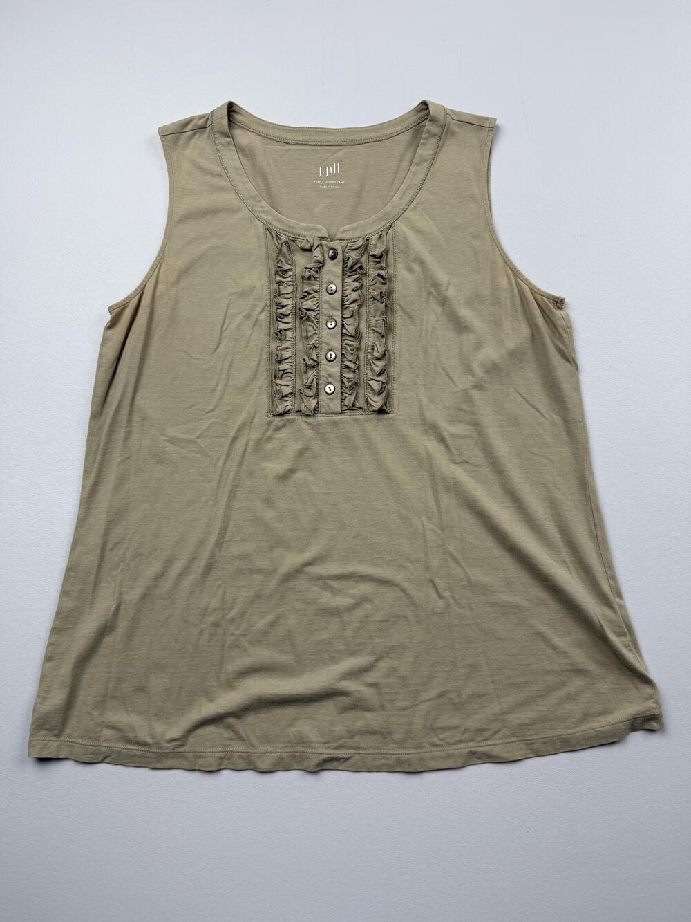 J. Jill Tank Top Womens L Green Henley Scoop Neck Sleeveless Ruffle Jersey